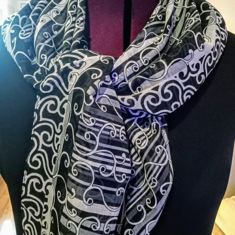 Tugra Sport Black & White Swirl Print Square Scarf